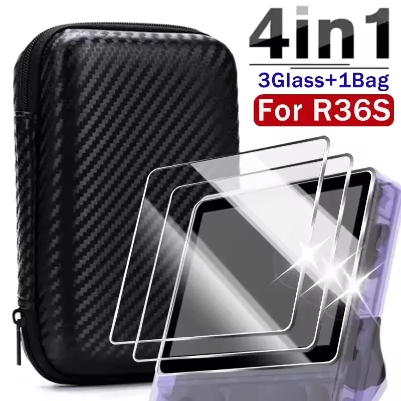 Mallette de rangement de transport 3 en 1 avec protecteurs d'écran en verre trempé pour Console de jeu R36S, Kit de protection, sac et Films anti-rayures