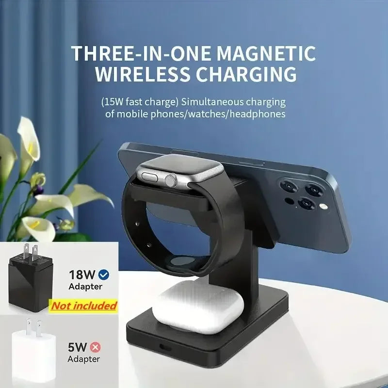Support de chargeur magnétique sans fil 3 en 1, pour iPhone 15 14 13 12 Pro Max Apple Watch 1-8 AirPods Macsafe, Station de charge rapide