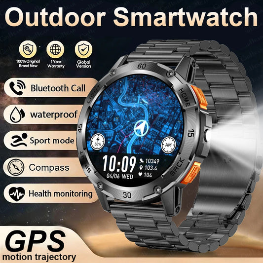 Nouvelle Montre Connectée de Sport Extérieur 2026 pour Hommes avec Boussole, Étanchéité 3ATM, Lampe Torche LED, Suivi de Santé et Appel Bluetooth pour Android et iOS