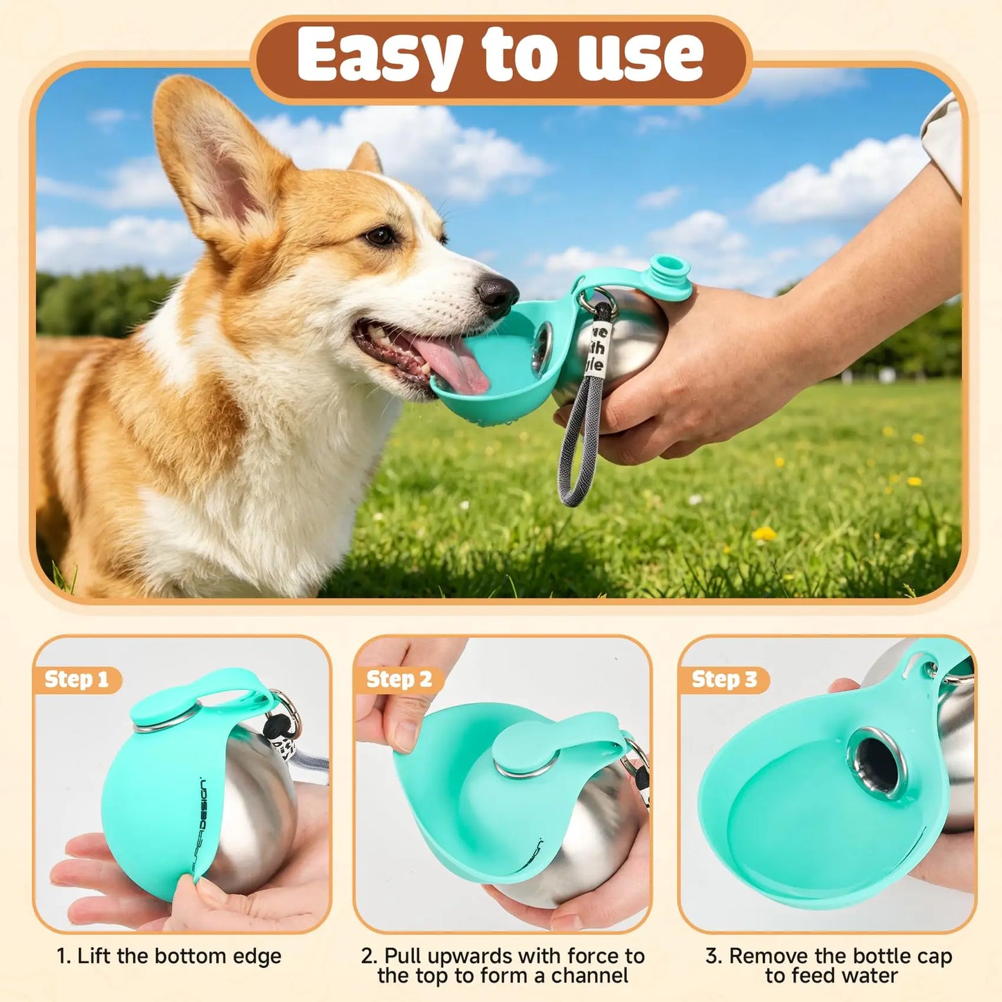 Bouteille d'eau portable pour chien en acier inoxydable avec bol en silicone, anti-fuite, pour chiens, chats, randonnée, voyage, promenade