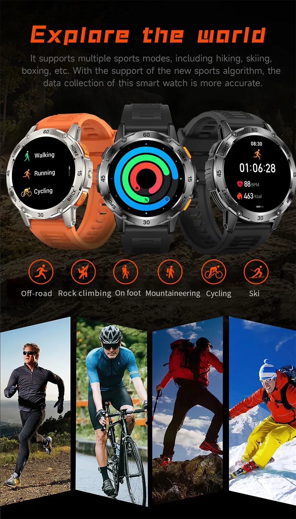 Nouvelle Montre Connectée de Sport Extérieur 2026 pour Hommes avec Boussole, Étanchéité 3ATM, Lampe Torche LED, Suivi de Santé et Appel Bluetooth pour Android et iOS