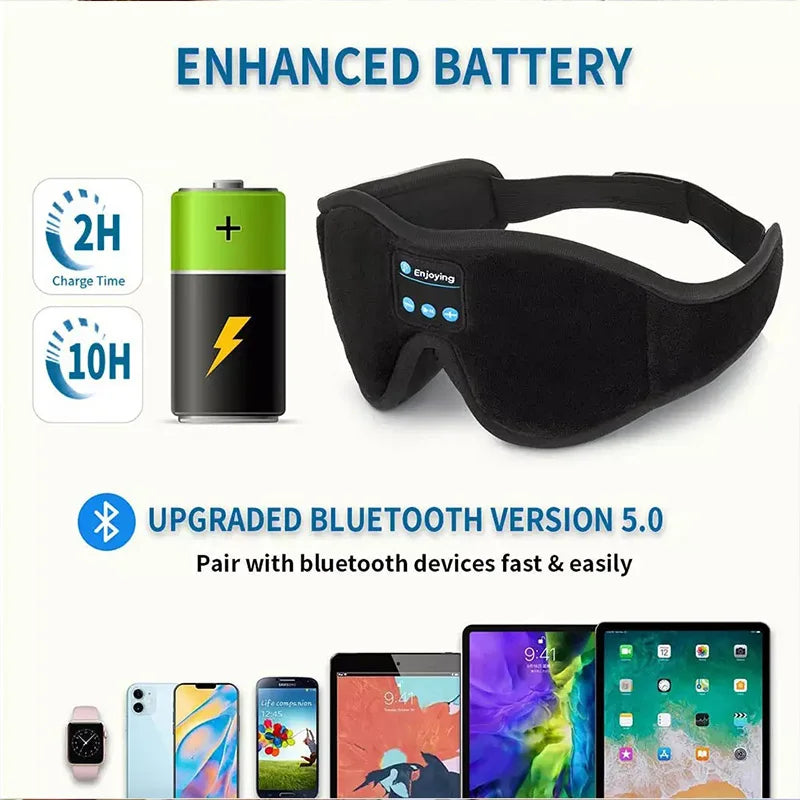 Écouteurs Bluetooth pour dormir, masque pour les yeux 3D, doux, élastique, confortable, sans fil, voyage, avion, bandeau, musique