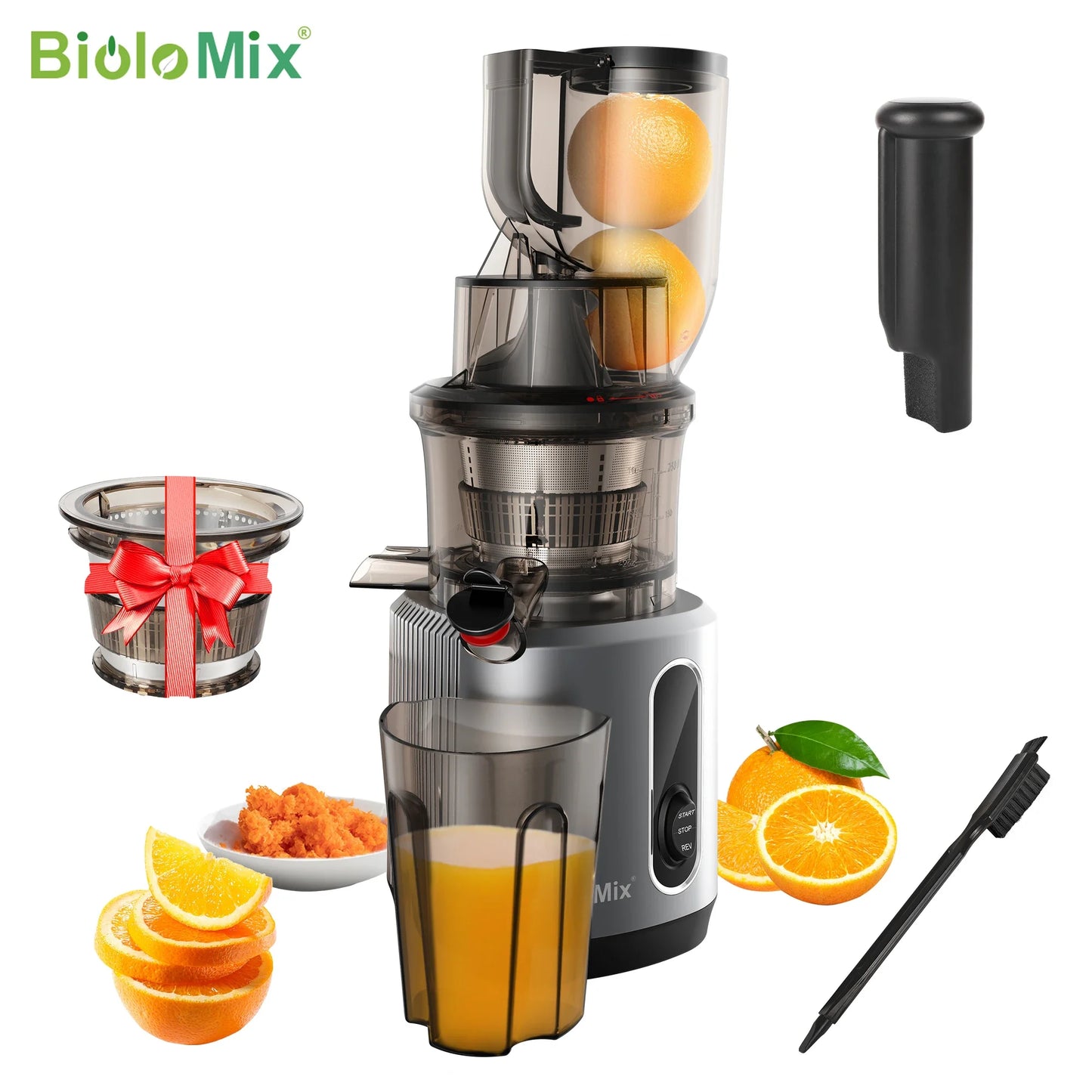 BioloMix-Extracteur de jus à mastication lente, presse à froid, Ju479, goulotte de rajeunissement de 78mm, moteur injuste, convient aux fruits entiers, 200W, 40-65 tr/min