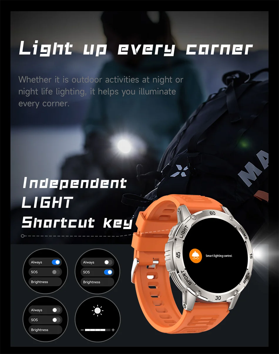 Nouvelle Montre Connectée de Sport Extérieur 2026 pour Hommes avec Boussole, Étanchéité 3ATM, Lampe Torche LED, Suivi de Santé et Appel Bluetooth pour Android et iOS