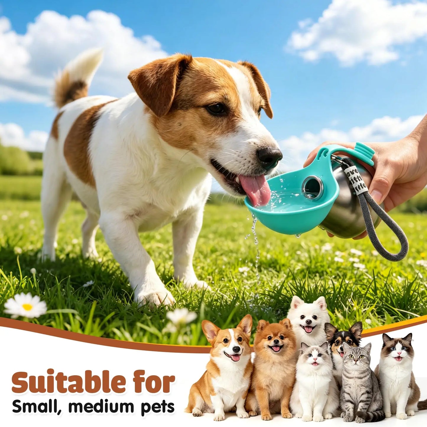 Bouteille d'eau portable pour chien en acier inoxydable avec bol en silicone, anti-fuite, pour chiens, chats, randonnée, voyage, promenade