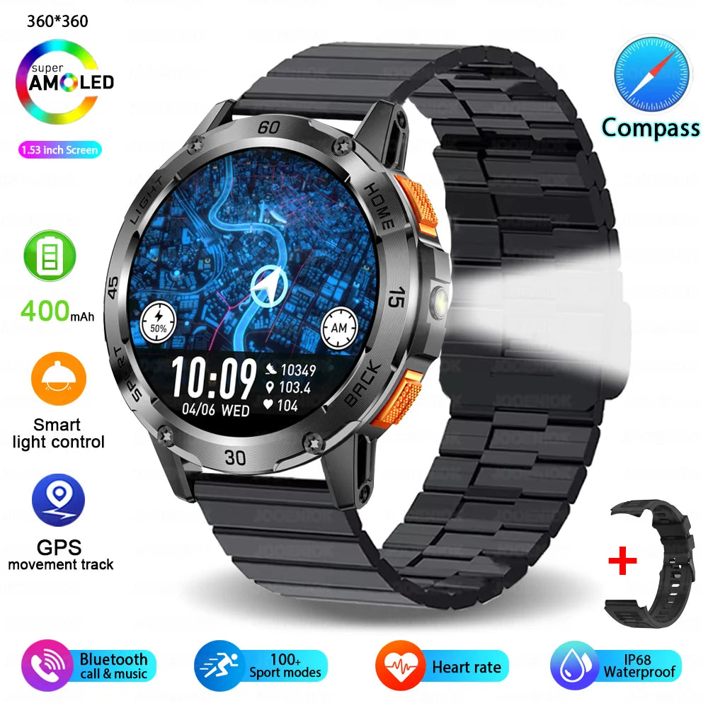 Nouvelle Montre Connectée de Sport Extérieur 2026 pour Hommes avec Boussole, Étanchéité 3ATM, Lampe Torche LED, Suivi de Santé et Appel Bluetooth pour Android et iOS