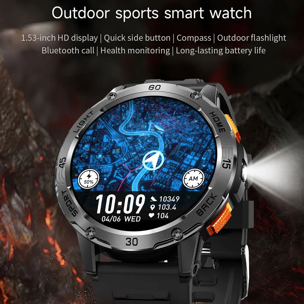 Nouvelle Montre Connectée de Sport Extérieur 2026 pour Hommes avec Boussole, Étanchéité 3ATM, Lampe Torche LED, Suivi de Santé et Appel Bluetooth pour Android et iOS