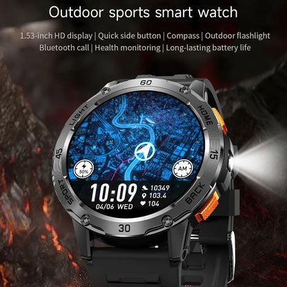 Nouvelle Montre Connectée de Sport Extérieur 2026 pour Hommes avec Boussole, Étanchéité 3ATM, Lampe Torche LED, Suivi de Santé et Appel Bluetooth pour Android et iOS