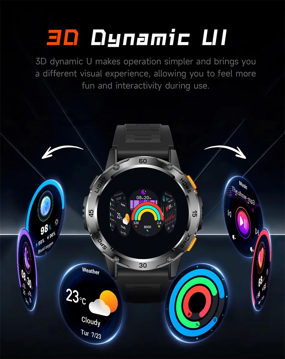 Nouvelle Montre Connectée de Sport Extérieur 2026 pour Hommes avec Boussole, Étanchéité 3ATM, Lampe Torche LED, Suivi de Santé et Appel Bluetooth pour Android et iOS