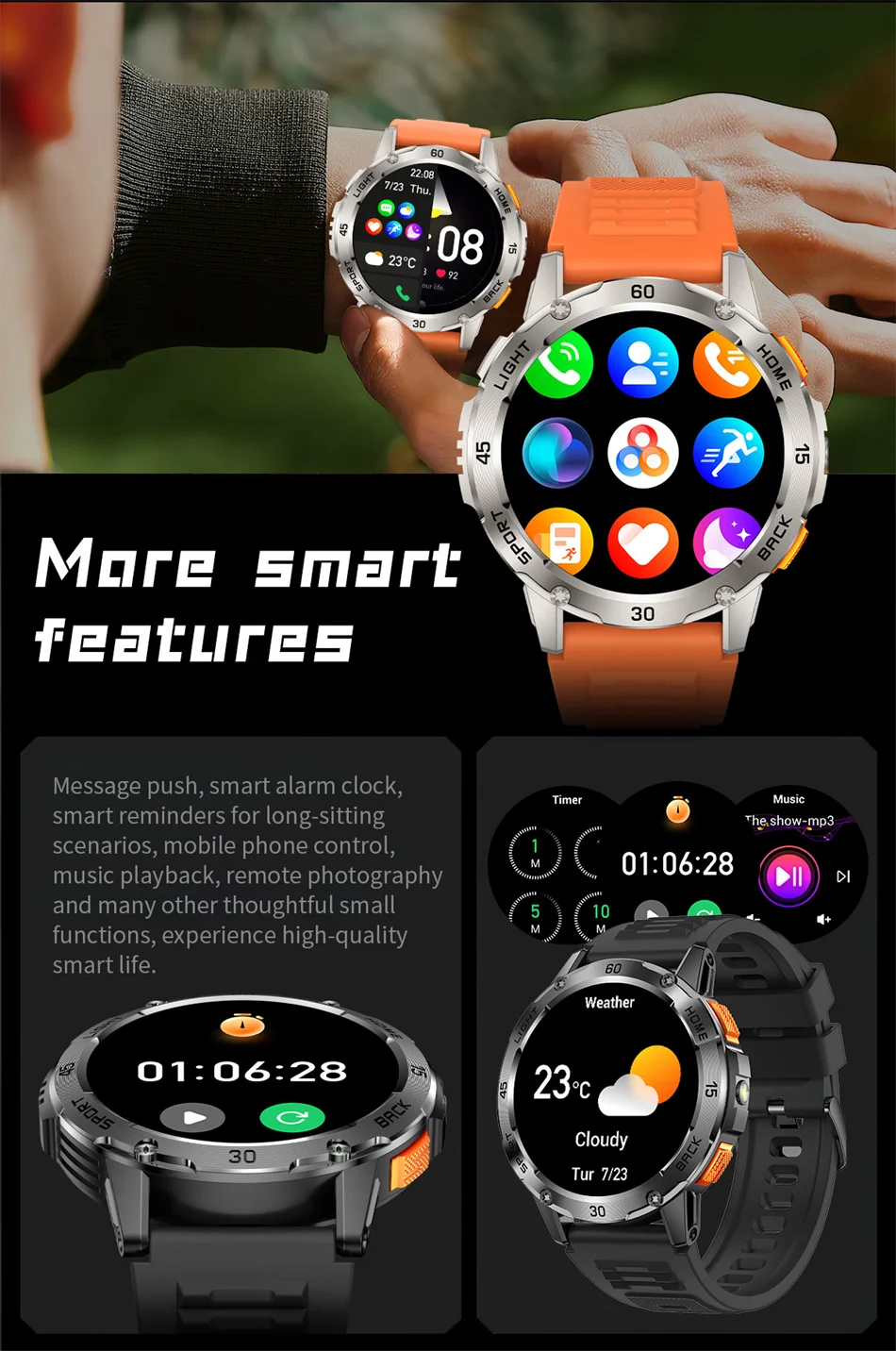 Nouvelle Montre Connectée de Sport Extérieur 2026 pour Hommes avec Boussole, Étanchéité 3ATM, Lampe Torche LED, Suivi de Santé et Appel Bluetooth pour Android et iOS
