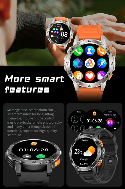 Nouvelle Montre Connectée de Sport Extérieur 2026 pour Hommes avec Boussole, Étanchéité 3ATM, Lampe Torche LED, Suivi de Santé et Appel Bluetooth pour Android et iOS