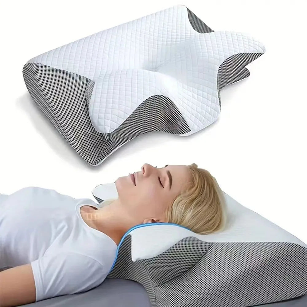 Oreiller ergonomique papillon pour le cou en mousse à mémoire de forme à rebond lent, soutien cervical pour un sommeil confortable, nouveau design en forme de corne