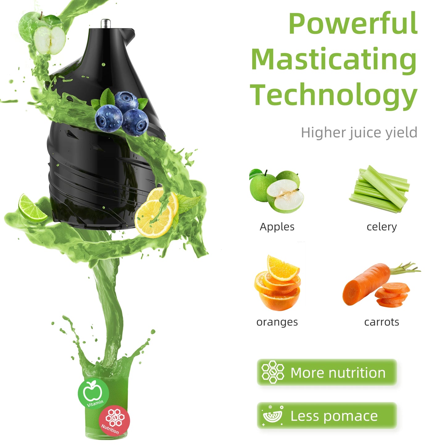 BioloMix-Extracteur de jus à mastication lente, presse à froid, Ju479, goulotte de rajeunissement de 78mm, moteur injuste, convient aux fruits entiers, 200W, 40-65 tr/min